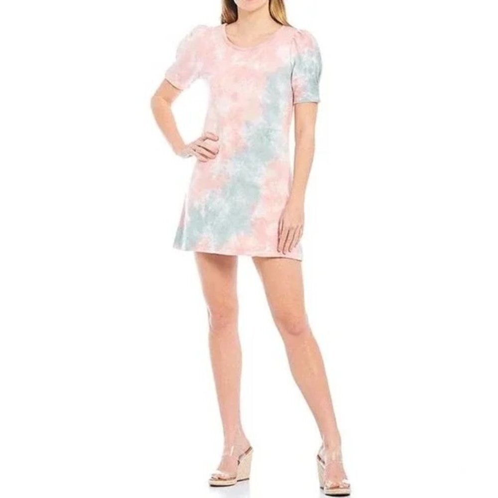 BB DAKOTA Cosmic Tie Dyed T shirt dress puff sleeves - pink gray - size XS